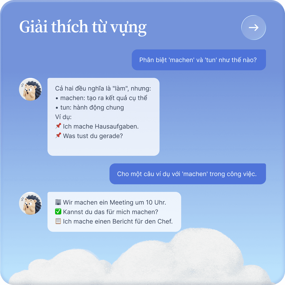 Hedgy giải thích từ vựng tiếng Đức trong hội thoại